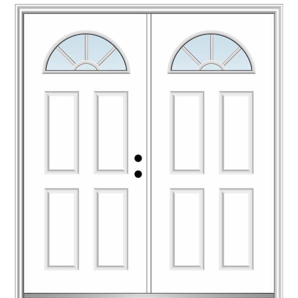 MMI Door 72 in. x 80 in. White Internal Grilles Left-Hand Inswing Fan Lite Clear Glass 4-Panel Painted Steel Prehung Front Door