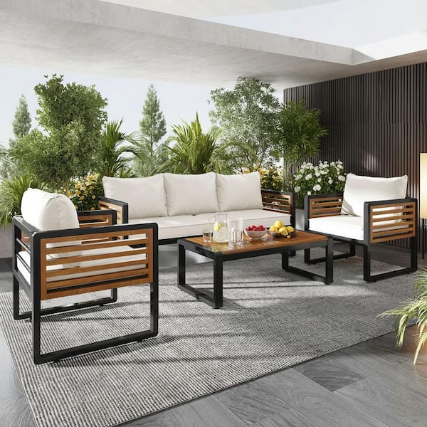 4-Piece Patio Metal and Wood Frame Outdoor Garden Sofa Set Conversation Sectional Set with Beige Removable Cushions