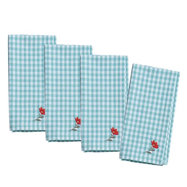 Kay Dee Blooming Thoughts 20 in. x 20 in. Blue and White Embroidered Gingham Cotton Napkins (4-Pack)
