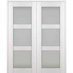 Paola 60 in. x 84 in. Both Active 3-Lite Frosted Glass Bianco Noble Wood Composite Double Prehung French Door
