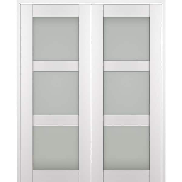 Belldinni Paola 60 in. x 84 in. Both Active 3-Lite Frosted Glass Bianco Noble Wood Composite Double Prehung French Door