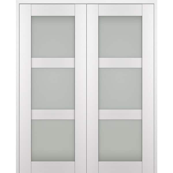 Paola 72 in. x 96 in. Both Active 3-Lite Frosted Glass Bianco Noble Wood Composite Double Prehung French Door