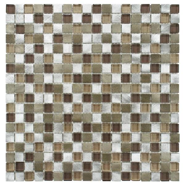 Merola Tile Fusion Mini Champagne 12 in. x 12 in. x 6 mm Brushed Aluminum and Glass Mosaic Tile