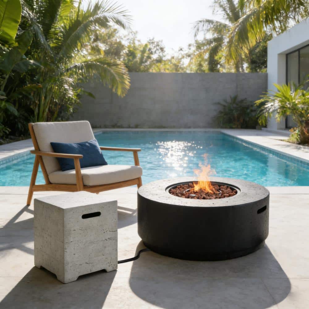 Black 2-Piece Outdoor Round Propane Fire Pit Set with Light Gray Square Propane Tank Cover Side Table price history on PriceWatchPro