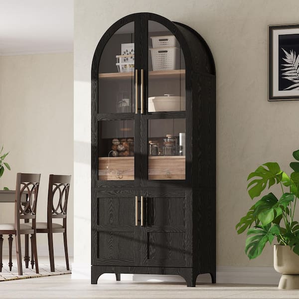 Uma Black 71.2 in. Arched Kitchen Sideboard Accent Storage Cabinet with Glass Doors, Adjustable Shelves, Drawer