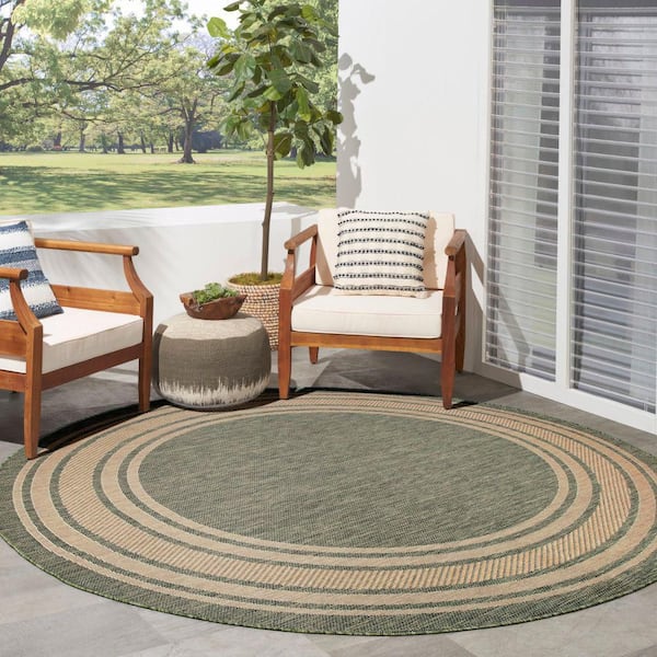 Horizon Indoor/Outdoor Green 8 ft. Round Bordered Contemporary Round Area Rug