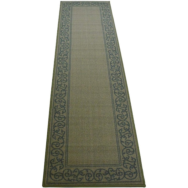 RugStylesOnline Modern Abstract Scroll Frame Design Sage Green 2' Width x 7' Length Slip Resistant Rubber Runner Rug