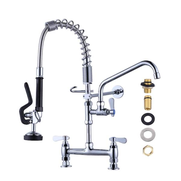21 in. Commercial Triple Handle Pull Down Kitchen Faucet with Pre Rinse Sprayer in Chrome