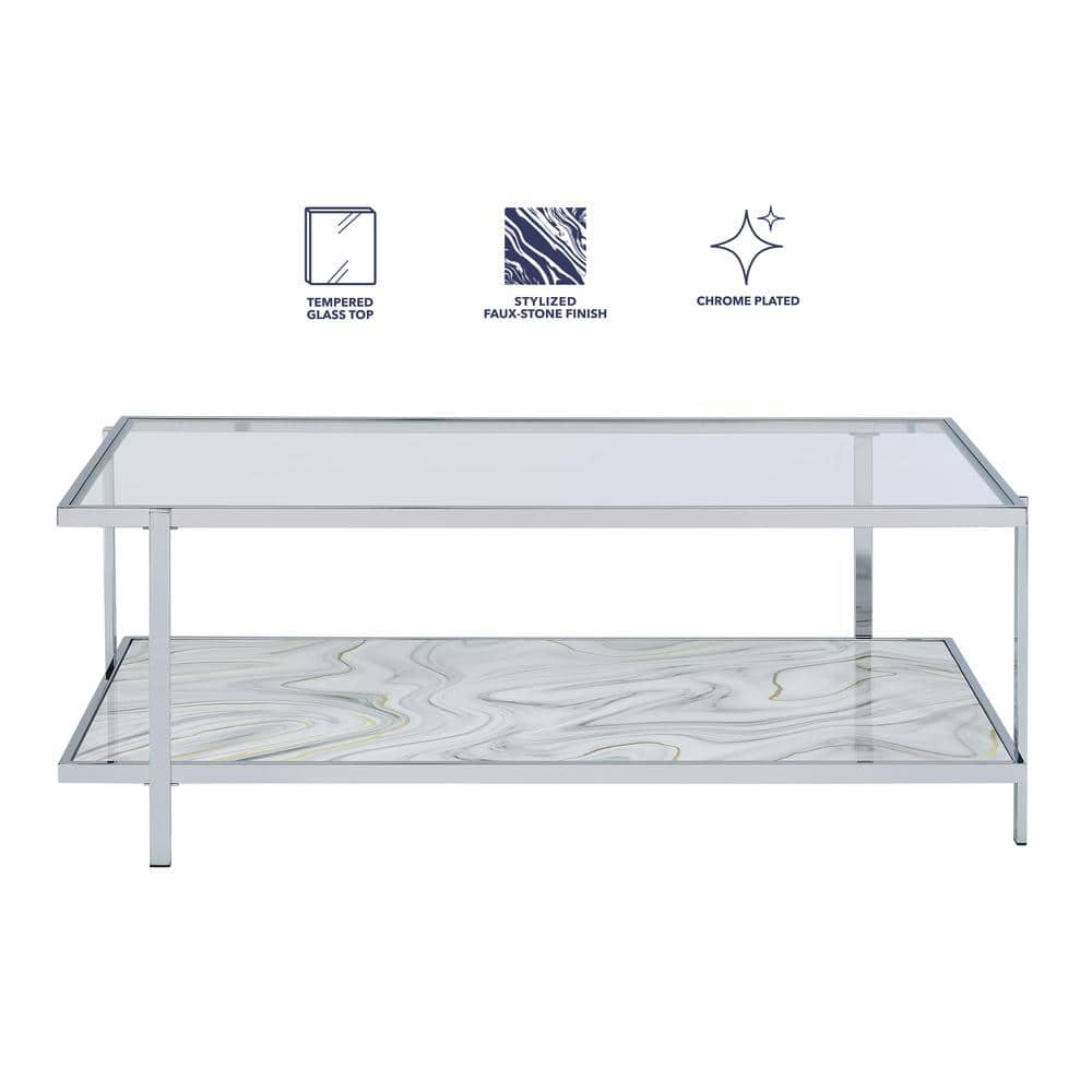 Mika 50" Rectangular Glass and Chrome Coffee Table with Faux-Stone Shelf