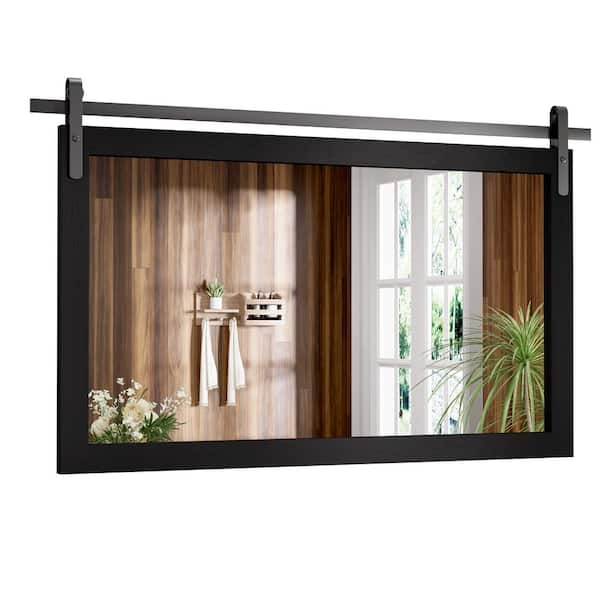 CLAVIE 40 in. W x 26 in. H Medium Rectangular Mirror Wood Framed Wall Mounted Mirrors Bathroom Vanity Mirror in Matte Black