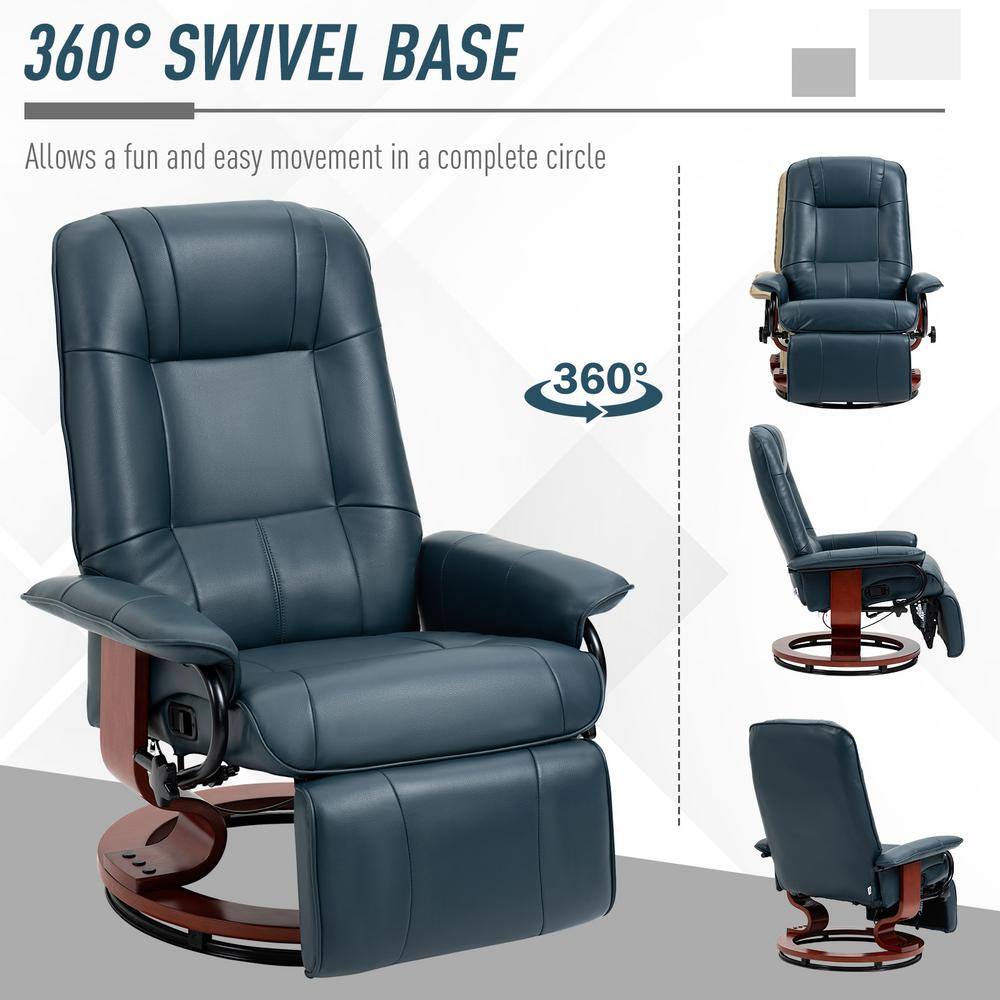 Blue Faux Leather Swivel Recliner with Wood Base