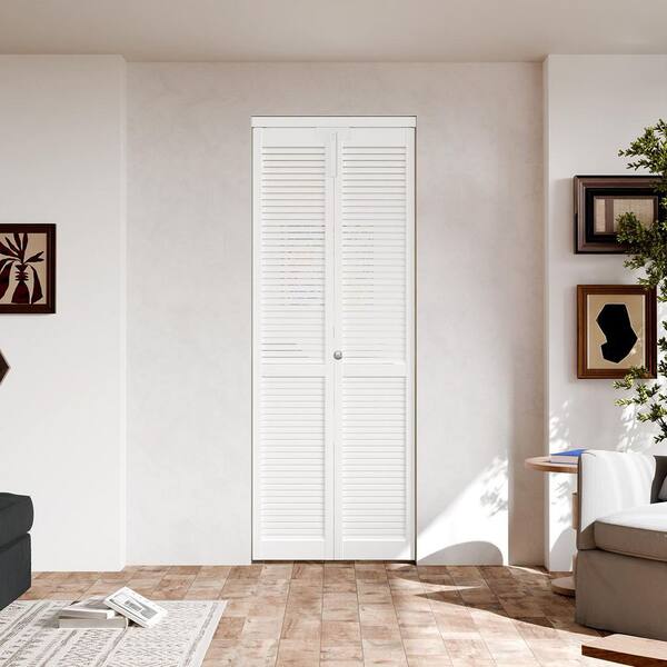 TENONER 30 in. x 80 in. Full-Panel Louver Solid Core White PVC