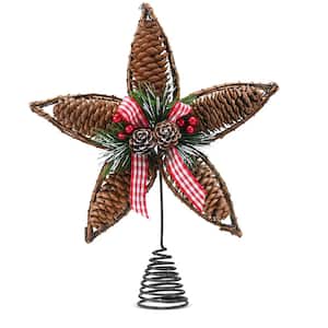 Rattan Star Tree Topper - Christmas Rustic Acorn Tree Topper with Holly and Berry Decorations