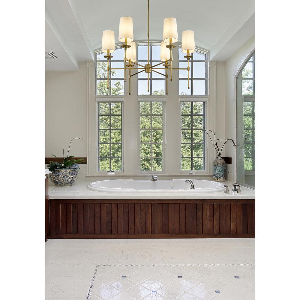 Emily Rubbed Brass 6-Light Chandelier with Off-White Shades