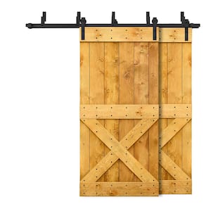 96 in. x 84 in. Mini X-Bypass Colonial Maple Stained DIY Solid Wood Interior Double Sliding Barn Door with Hardware Kit