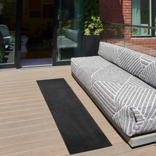 Essentials 2 ft. x 10 ft. Black Kitchen Runner Solid Contemporary Indoor/Outdoor Patio Area Rug