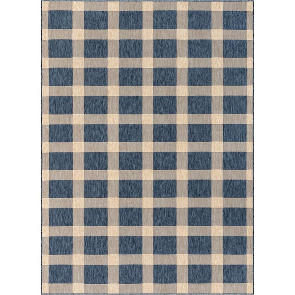 Well Woven Medusa Freya Blue Checkered 5 ft. 3 in. x 7 ft. 3 in. Indoor/Outdoor Area Rug