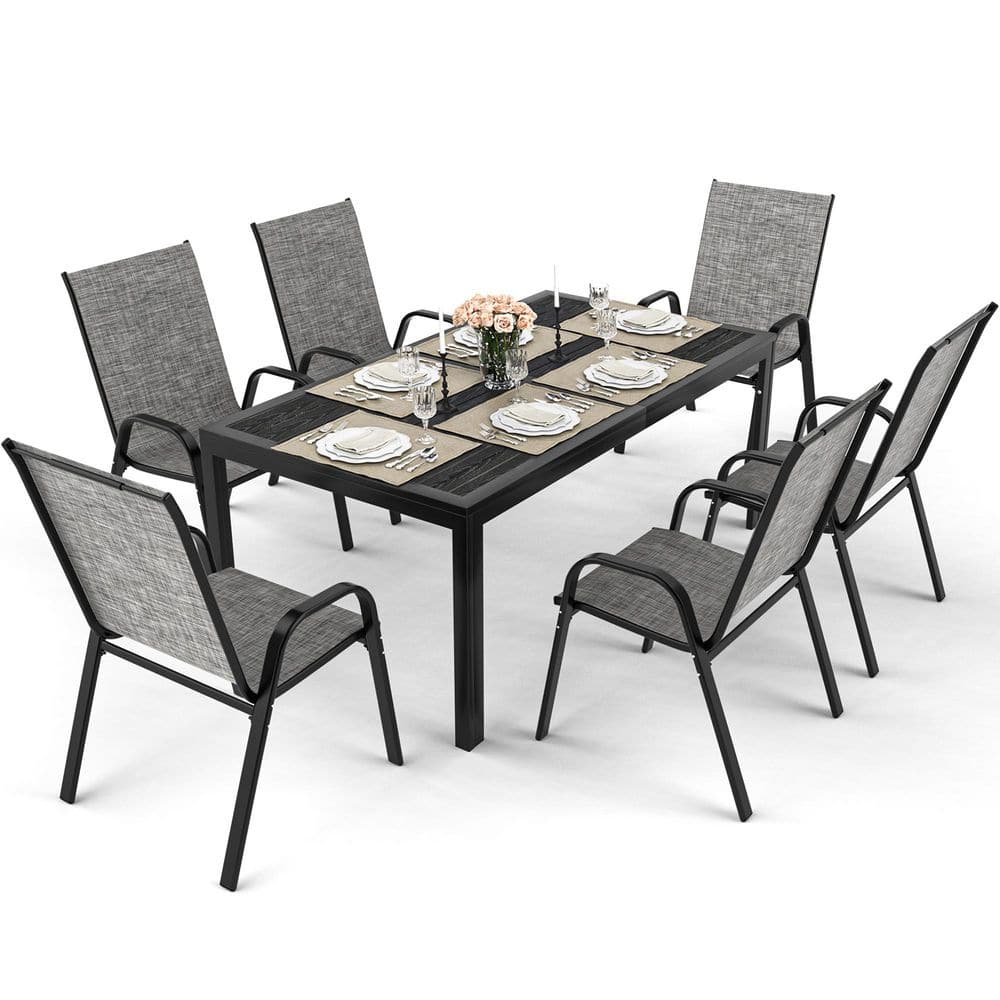 6-Person Patio Dining Set, Textilene Stackable Chairs and Rectangular Table