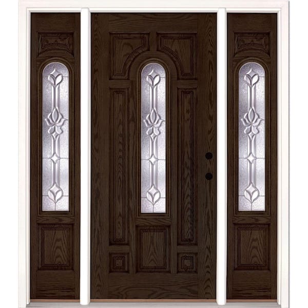 63.5 in.x81.625 in. Medina Zinc Center Arch Lite Stained Walnut Oak Left-Hand Fiberglass Prehung Front Door w/Sidelites