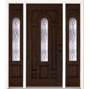 63.5 in.x81.625 in. Medina Zinc Center Arch Lite Stained Walnut Oak Left-Hand Fiberglass Prehung Front Door w/Sidelites
