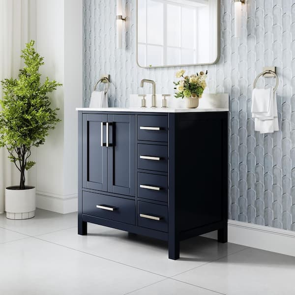 36 in. Freestanding Navy Blue Solid Wood Bath Vanity with Durable Carrara White Cultured Marble Top,Soft-Close,Assembled
