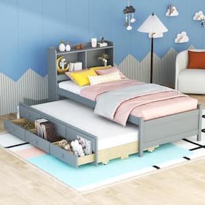 Gray Wood Frame Twin Size Platform Bed with Twin Trundle, 3-Drawer, Storage Headboard with LED Light, USB Charging
