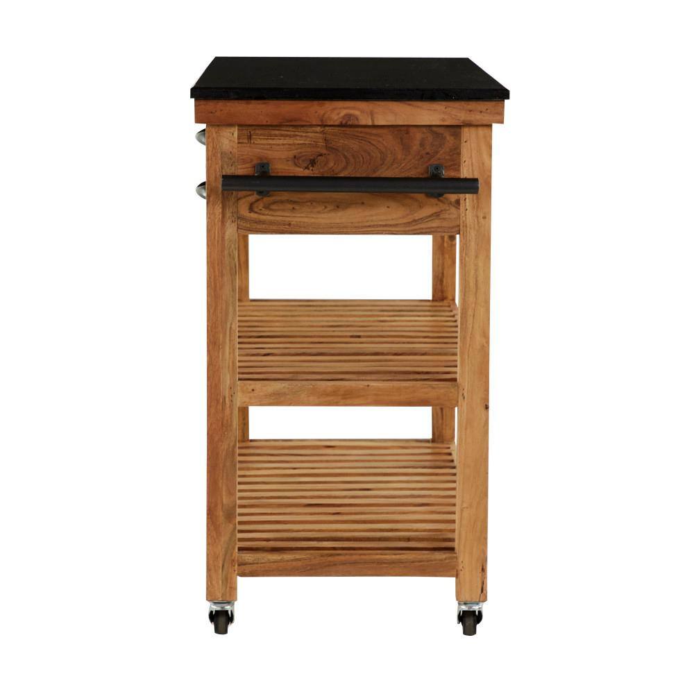 Brown Wood Kitchen Cart with Marble Top and Storage