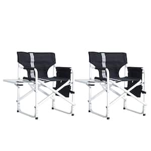 2-Piece Black Gray Lightweight Oversized Padded Folding Outdoor Camping Chair with Side Table and Storage Pocket