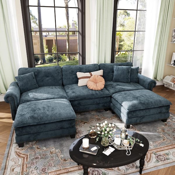 116.14 in. Roll Arm 5-Seat Chenille U-Shaped Modular Sectional Sofa in. Blue with Throw Pillows and Ottomans