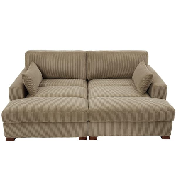 83.8 in. Modern Square Arm Corduroy Fabric Upholstered Sectional Sofa in Camel With 2 Pillows and Wood Leg