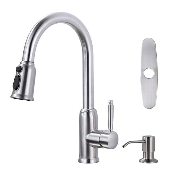 ARCORA Single Handle Pull Out Sprayer Kitchen Faucet Deckplate Included with Soap Dispenser in Brushed Nickel