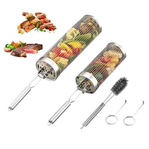 Stainless Steel Barbecue Grill Grates, Rolling Grill Net Tubes with 2 Handles, 2 Hooks & Cleaning Brush (2-Pack)