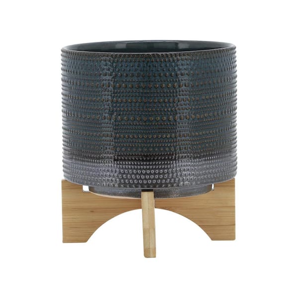 Outdoor Ceramic 8 in. Dotted Planter with Wood Stand Green 10 in.