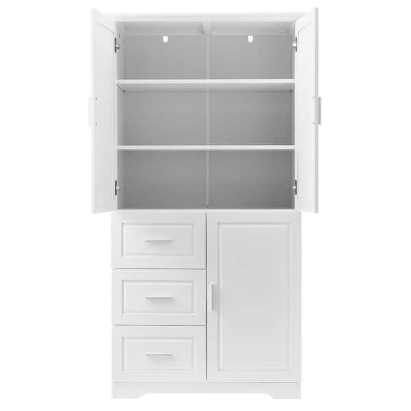 33 in. W x 20 in. D x 62 in. H White Linen Cabinet with Doors and 3-Drawers
