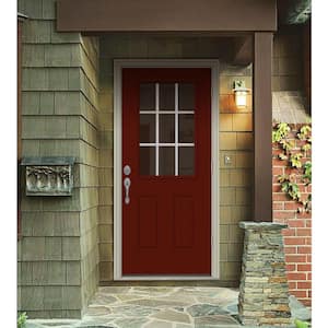 36 in. x 80 in. 9 Lite Mesa Red Painted Steel Prehung Left-Hand Outswing Entry Door w/Brickmould