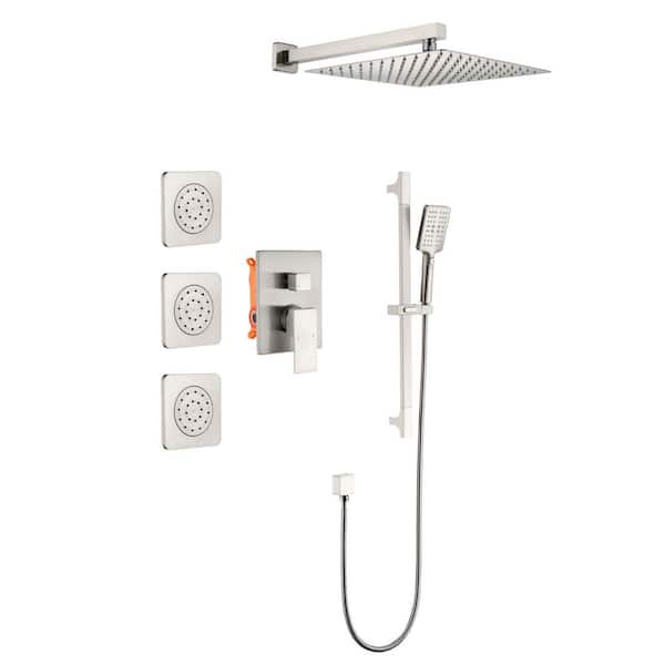 1-spray 11.8 in. Wall-Mounted Dual Fixed and Handheld Shower Head 2.5 GPM with Slide Bar, Body-Sprays in Brushed Nickel