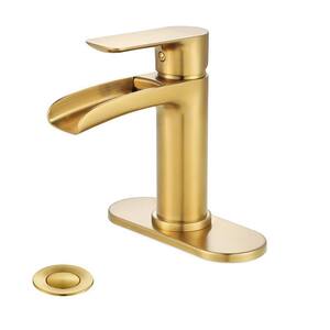 Waterfall Single Handle Desk Mount Bathroom Faucet with Drain Assembly in Brushed Gold
