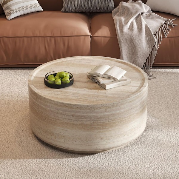 27.5 in. Beige Round MDF Coffee Table with Faux Luxury Marble Stone Pattern End Table