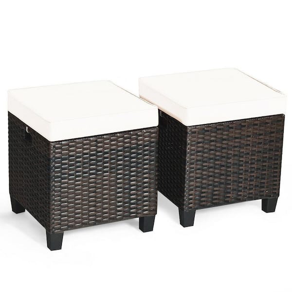 WELLFOR Brown Wicker Outdoor Ottoman with Beige Cushion (2-Pack)