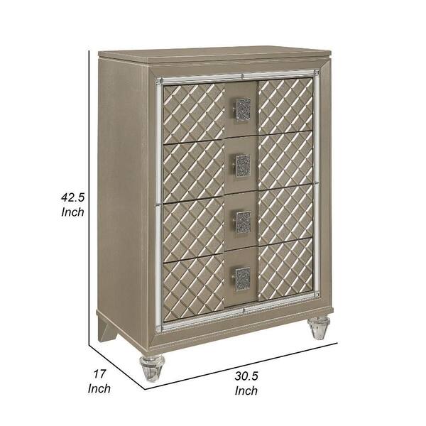 Loy Tall Dresser Chest, 4 Drawers Champagne Gold Metallic, Mirror Trim Benjara Loy Tall Dresser Chest, 4 Drawers Champagne Gold Metallic, Mirror Trim Benjara