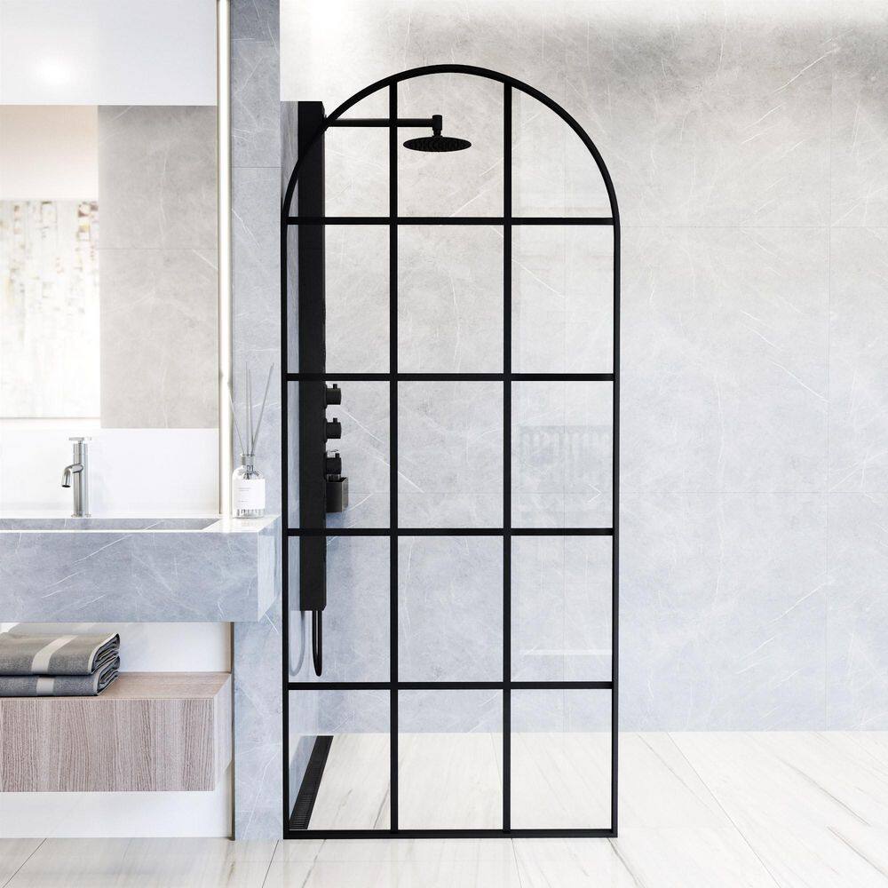 Arden 34" W x 78" H Matte Black Framed Shower Screen with Clear Grid Glass