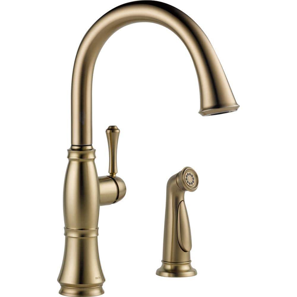 Delta Cassidy Single Handle Standard Kitchen Faucet With Side Sprayer In Champagne Bronze 4297 Cz Dst The Home Depot