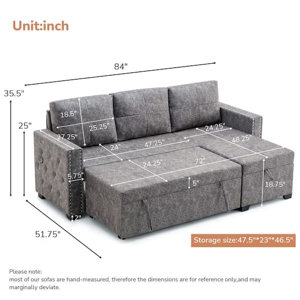 Be discouraged Match each Modern 84 in. Gray Upholstered 72 in. x 48.25 in. x 18.75 in. Pull-out  L-shaped Sofa Bed with Storage Chaise Lounge YYmd-GSBD-25 - The Home Depot