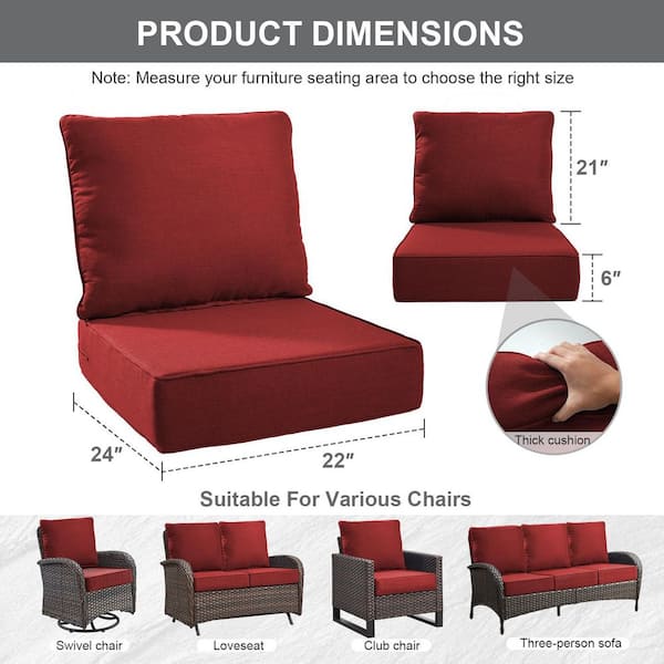22 in. W x 24 in. D x 6 in. Thick Square 2-Piece Deep Seating Outdoor Lounge Chair Red Cushion