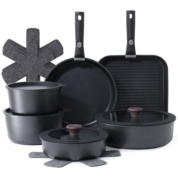 17 Piece Black Nonstick Pots and Pans Set with Detachable Handle, Healthy Aluminum Cookware Set for Kitchen RV