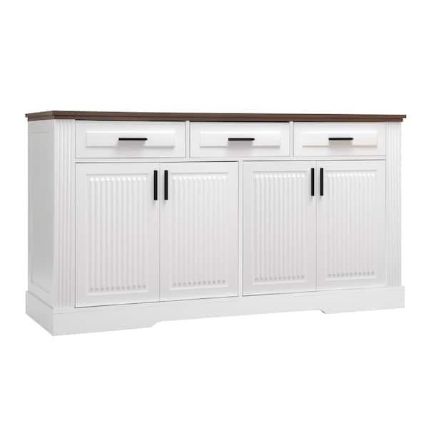 63" Fluted Sideboard Buffet Cabinet,Coffee Bar Station,Kitchen Storage Console Table with 4 Doors&3 Drawers in White