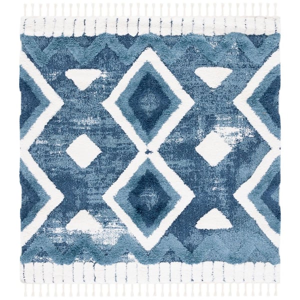 Moroccan Tassel Shag 7 ft. x 7 ft. Blue/Ivory High-Low Zig-Zag Diamond Square Area Rug