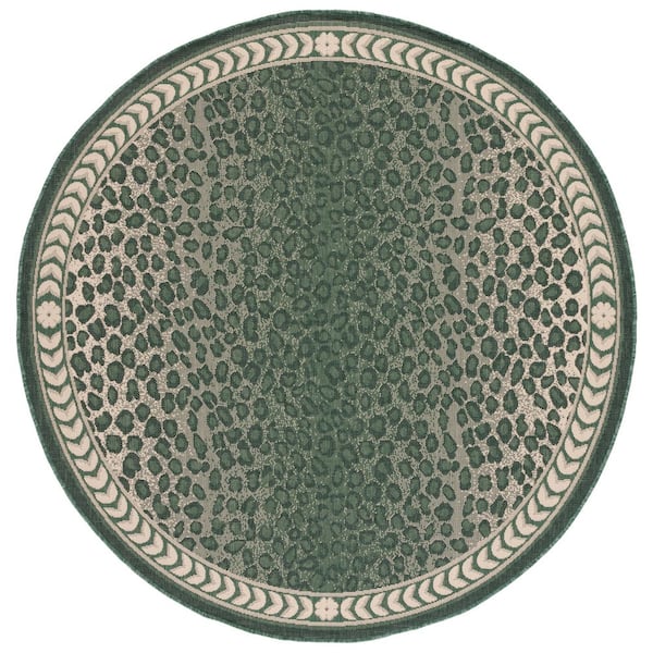 Courtyard 7 ft. x 7 ft. Dark Green/Ivory Oriental Indoor/Outdoor Round Rug
