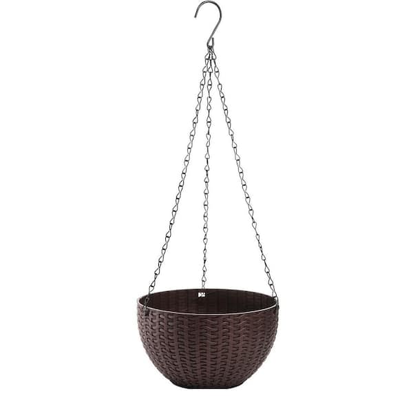 8.2 in. Self-Watering Hanging Planters, Plastic Basket Planter with Drainer and Chain Wall Planter, Coffee Brown 4-Pack