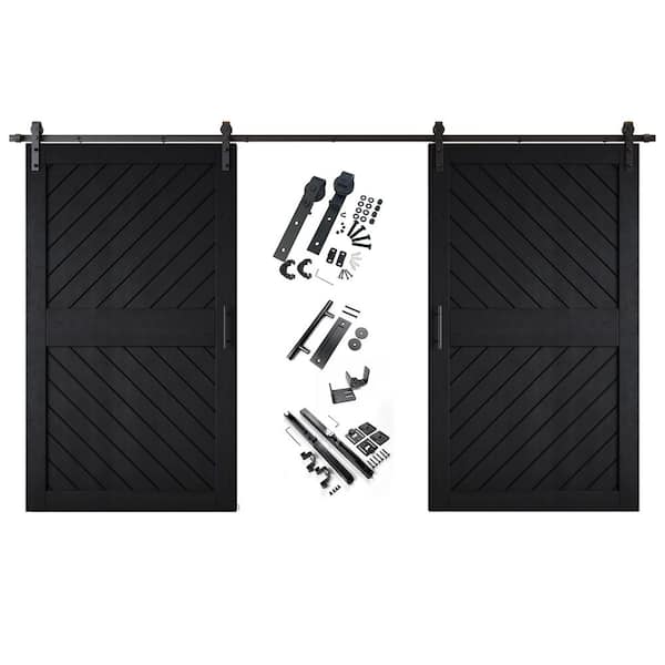 XT3 50 in. x 84 in. C-Panel Black Slanted Stripe Design Double Pine Wood Sliding Barn Door with Hardware Kit